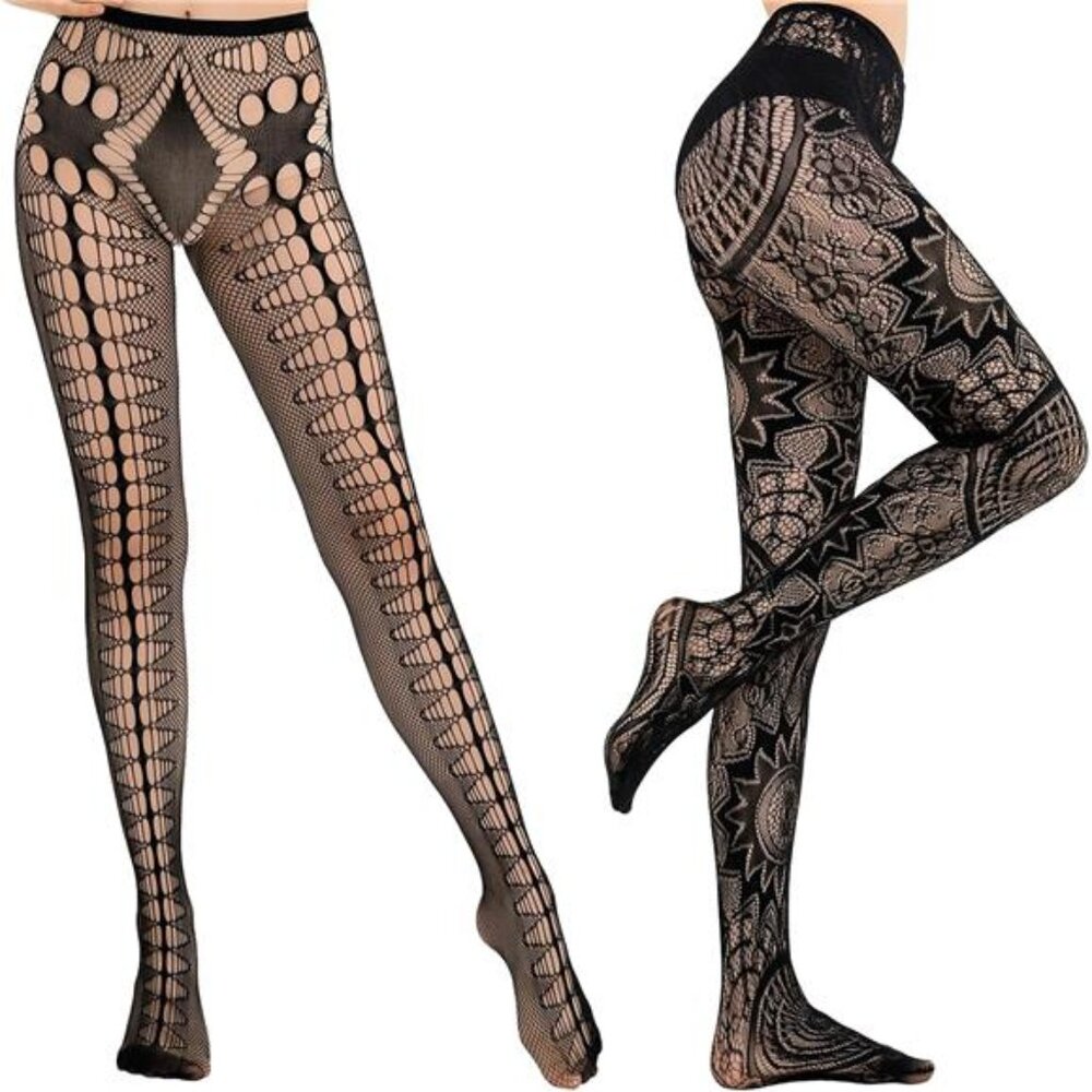 2 Patterned Fishnets Tights Black Pantyhose Stockings for Women, 1-6 Pairs